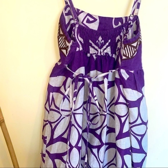 Day Dress Linen Feel Pleated Purple Print Dress - Picture 11 of 12